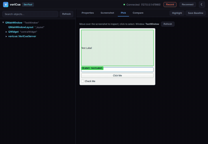 The veriCue Inspector picking a control in a running Qt application